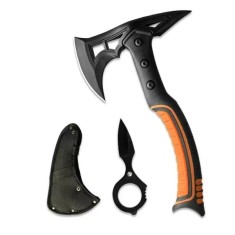 Topor multifunctional tactic pentru camping si outdoor, lama otel carbon, maner cauciucat, 33.5 cm