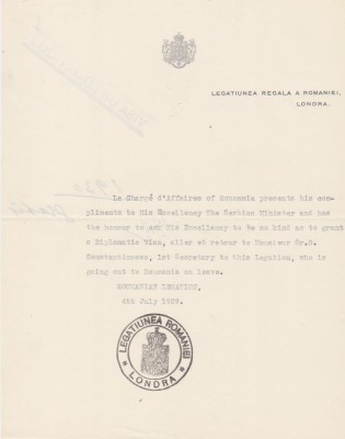 Document Legatiunea Regala a Romaniei la Londra 1929 foto