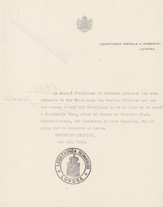 Document Legatiunea Regala a Romaniei la Londra 1929
