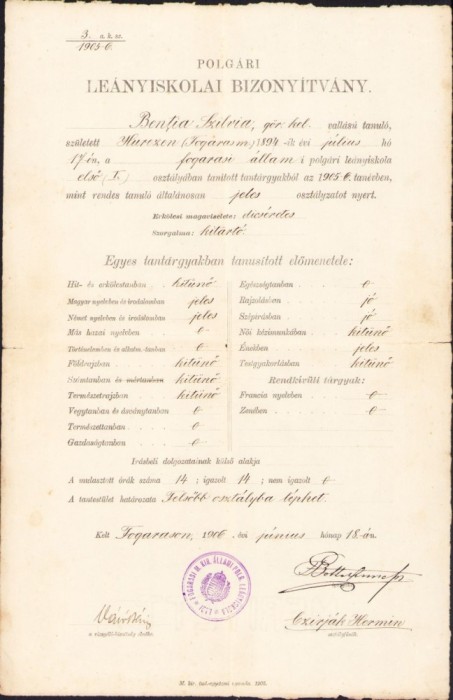 A1904 Certificat școlar, 1906, Făgăraș, elevă rom&acirc;ncă ortodoxă