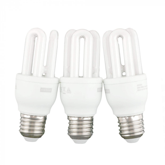 Set 3 becuri economice Gamma, E27, 410 lumeni, 9W, 10.000 ore, Clasa A, lumina calda