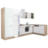 Mobilă de bucătărie de colț Yorki 340, corp din stejar sonoma, față alb satinat, element cuptor inferior, dulap cu rafturi, frigider congelator superi