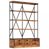 Biblioteca Gossi lemn masiv mango, 4 rafturi, 6 sertare, 122x36x181 cm, stil industrial, maro/negru